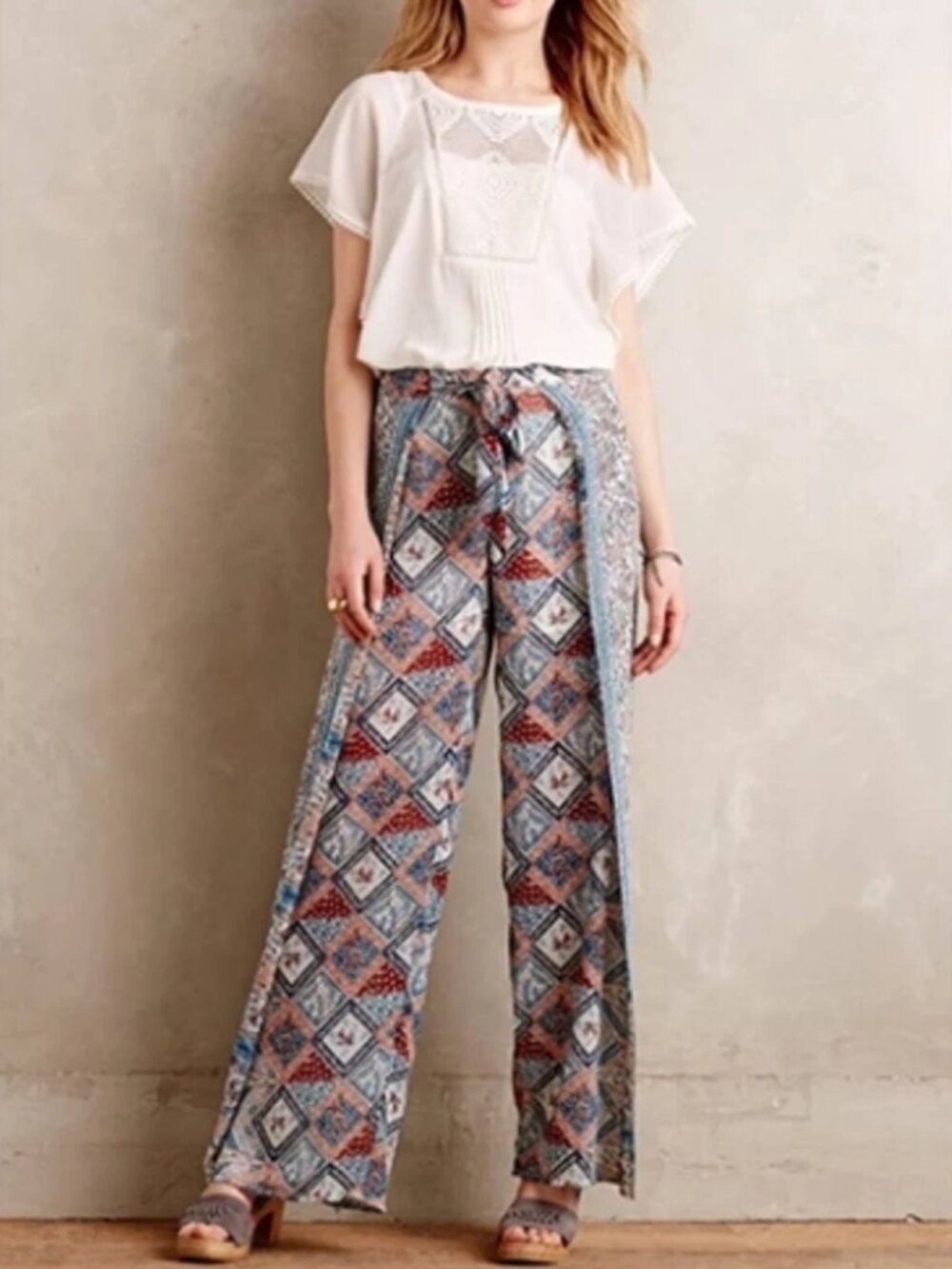 Anthropologie Elevenses Pants 8 wide leg seaflower sheer boho resort palazzo.